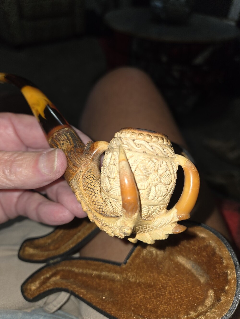 Very Old Source Unknown Carved Reptile-Theme Meerschaum Pipe in Amber and Cream